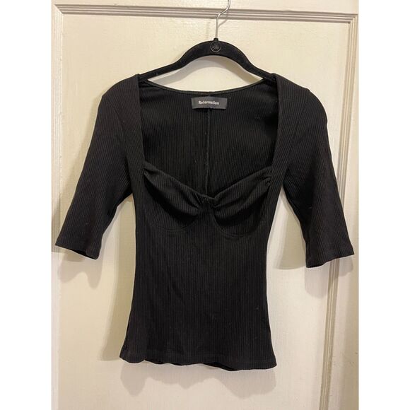 Reformation Tops - REFORMATION Black Ribbed Sweatheart Shirt Top Tee Women's Size Small